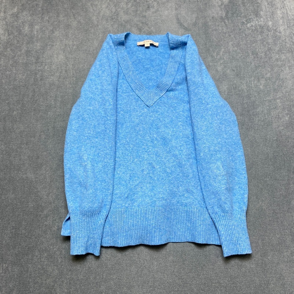 LOFT Sweater Womens Small Heather Blue V Neck Ribbed Hem Long Sleeve Winter Warm